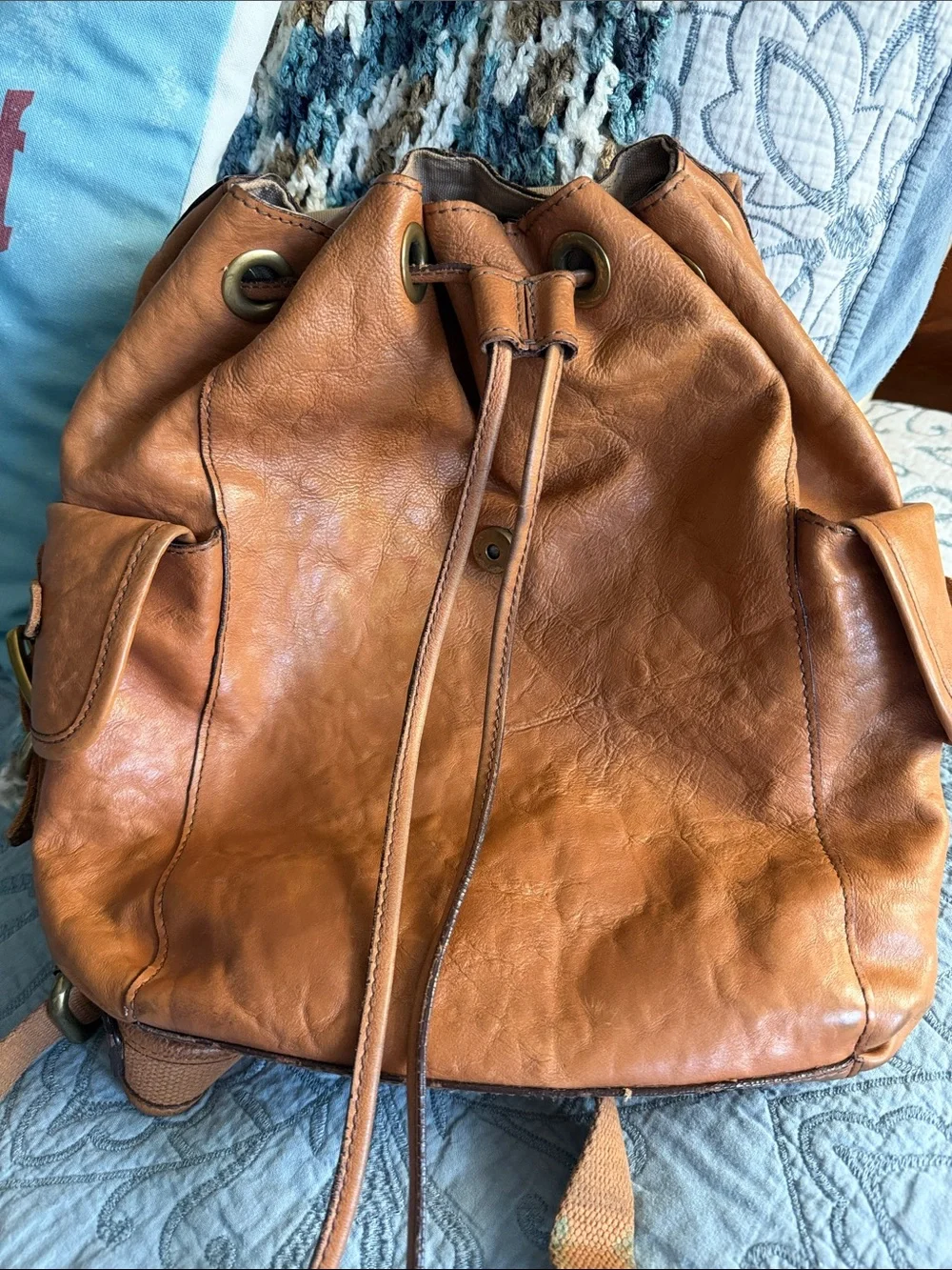 PREOWNED Vintage Fossil Classic Tan Leather Backpack Medium Size